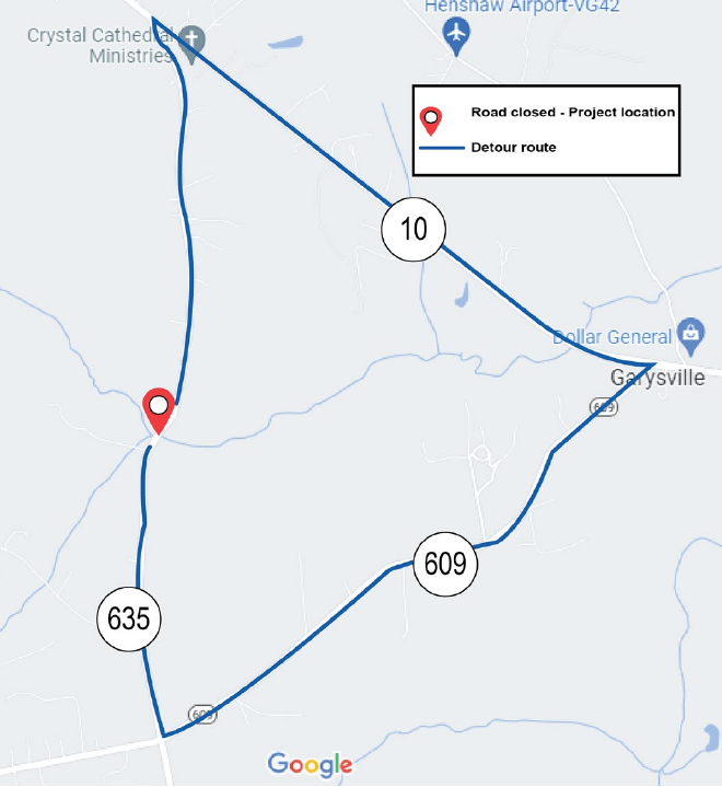 A map that shows a highlighted route. The highlighted roads are Route 10, 635 and 609, all of which are located in Prince George County, near the Dollar General in Garysville.
